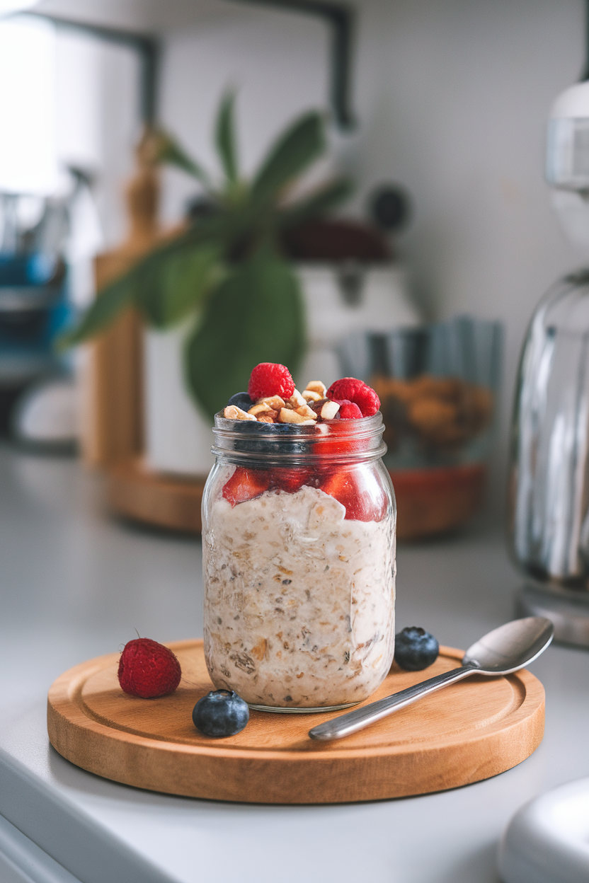 A glass jar of overnight oats topped with berries and chopped nuts on a kitchen counter under soft indoor lighting; no text or logos; photo
