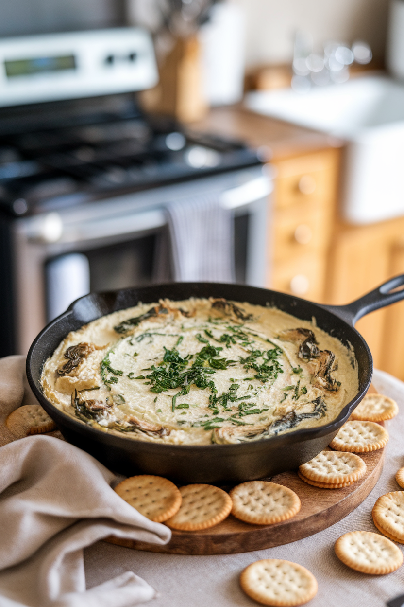 Indoor photo of bubbling spinach-artichoke dip in a cast-iron skillet, crackers nearby, no text or logos