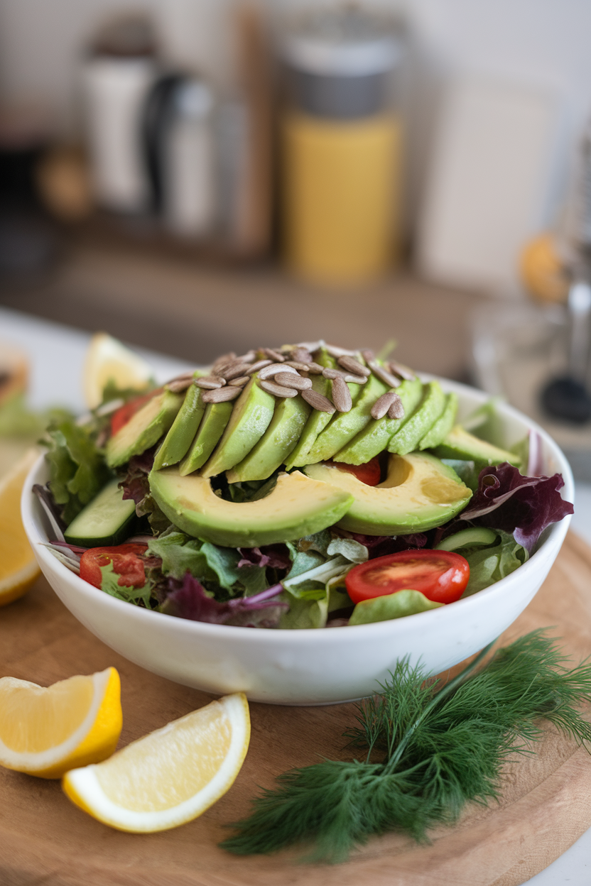 A salad bowl topped with sliced avocado, sunflower seeds, and a drizzle of olive oil indoors; no text or logos; photo