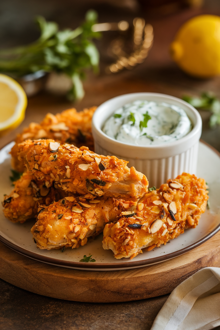An indoor plate of golden almond-crusted chicken tenders with a ramekin of yogurt-herb dip. No text or logos present. Photo.
