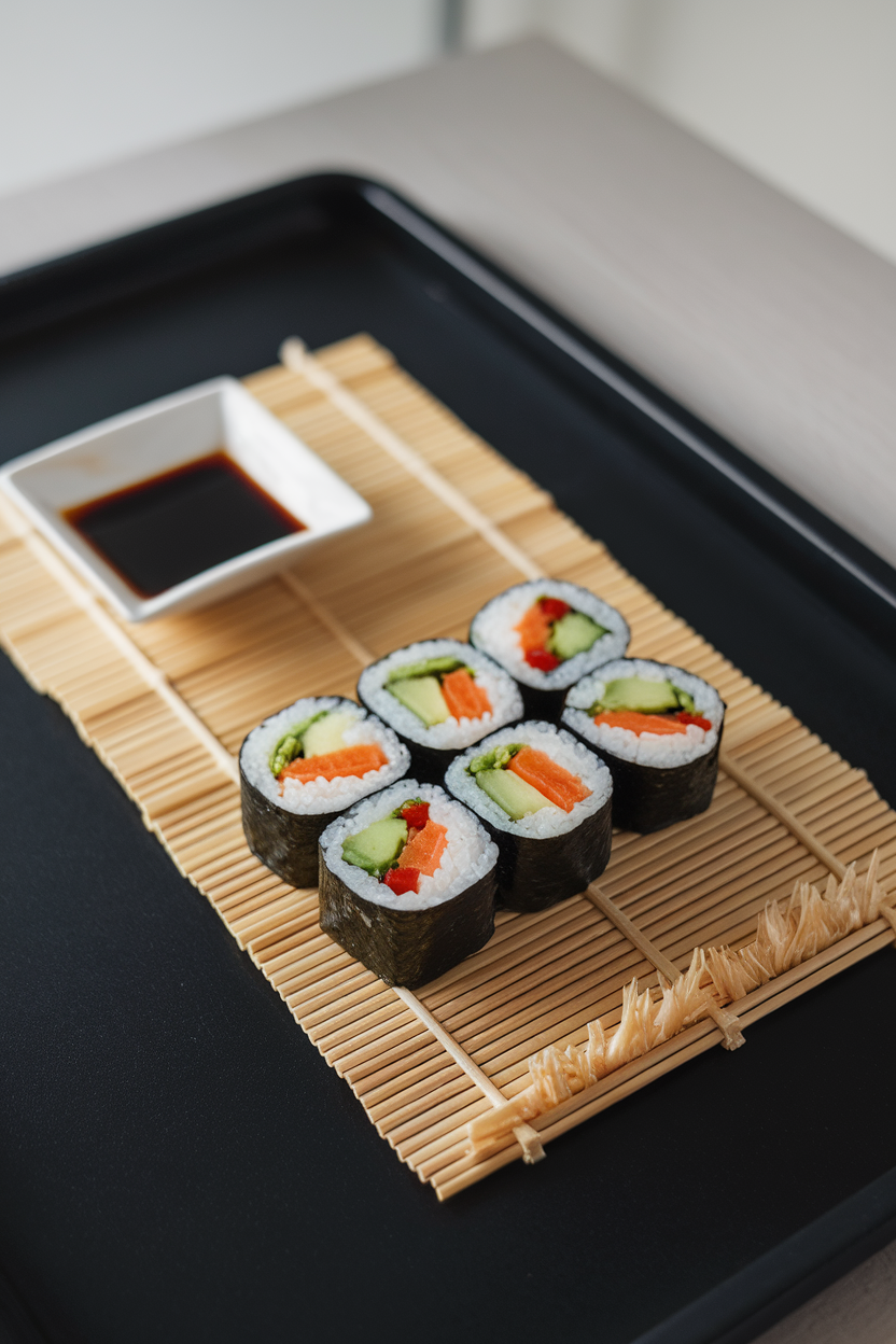 An indoor sushi mat displaying sliced veggie sushi rolls with avocado, carrot, cucumber, and red pepper inside; small ramekin of soy sauce, no text or logos, photo not illustration.