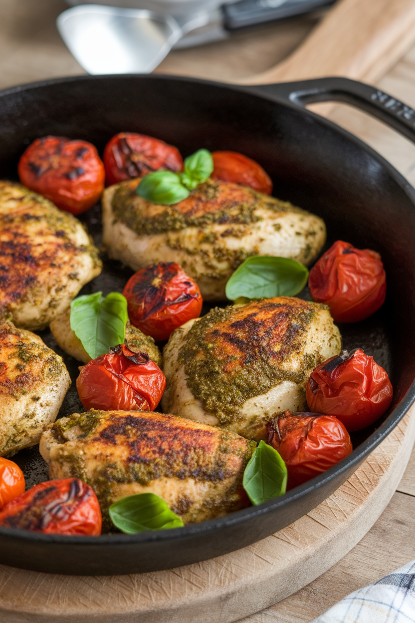 Photo of an indoor cast-iron skillet containing pesto-coated chicken pieces, blistered cherry tomatoes, and fresh basil leaves. No branding visible.
