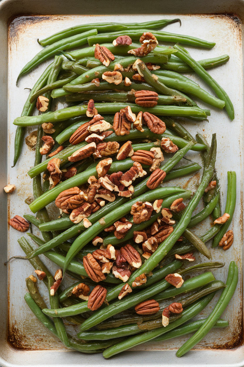 Green beans coated lightly in crushed pecans, baked on a sheet pan indoors. No text or logos.