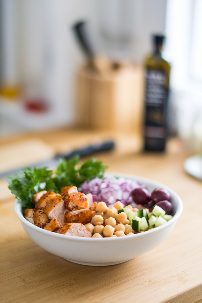 A bright indoor tabletop scene with a white bowl containing cooked chicken, chickpeas, diced cucumber, red onion, and olives — no text or logos, photo, not illustration