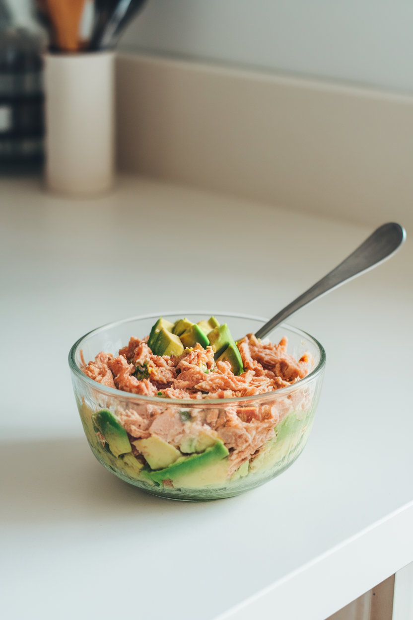 A kitchen counter scene showing tuna salad mixed with green avocado in a glass bowl, spoon resting inside. No text or logos. Photo.