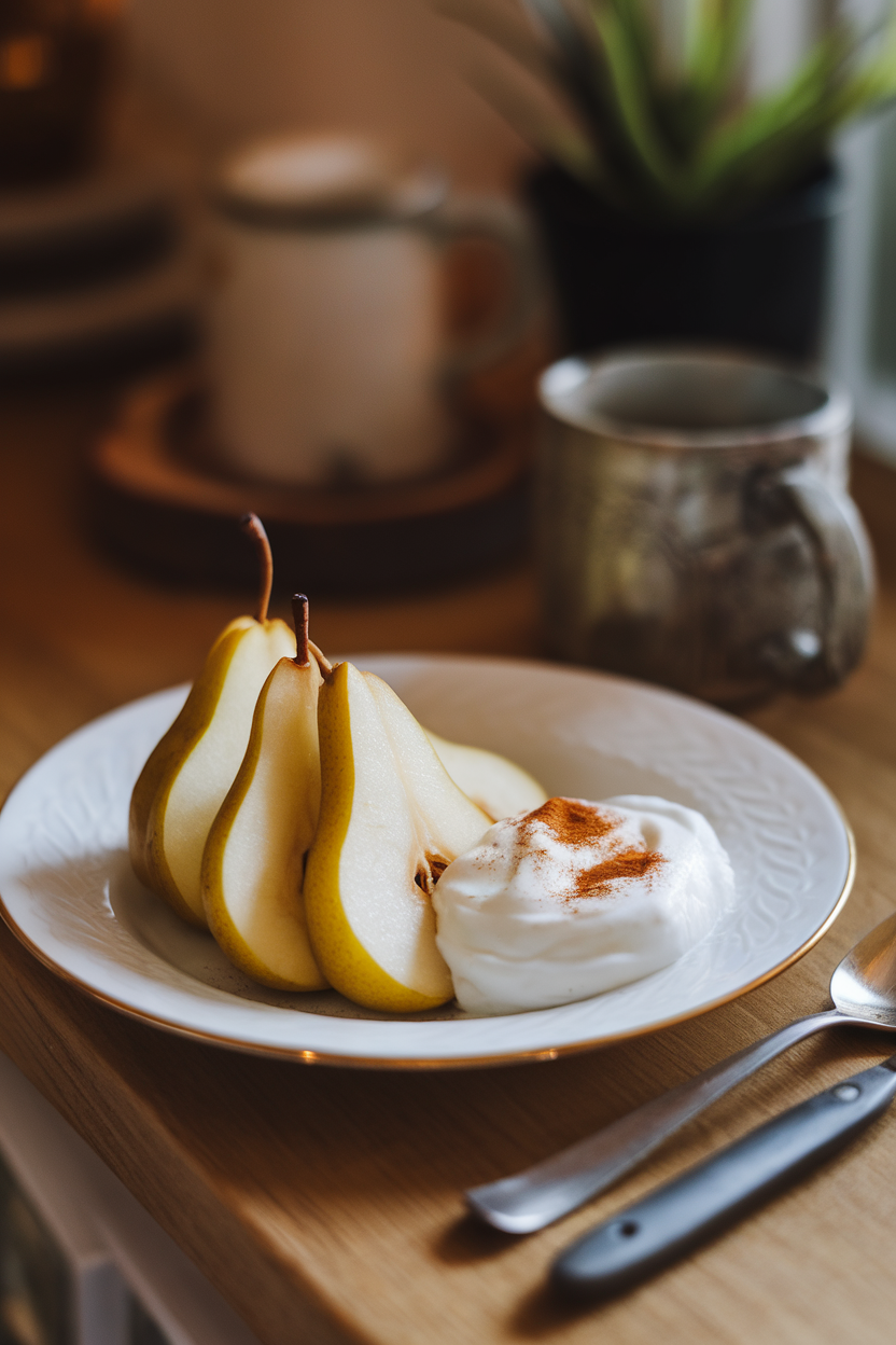 A white plate holding sliced pears drizzled with cinnamon beside a spoonful of Greek yogurt, all under warm indoor lighting. No text or logos.