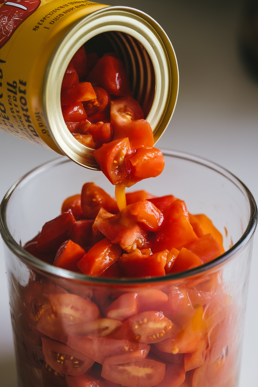 Indoor photo of an open can of diced tomatoes poured into a glass storage container, tomato juices glistening; no text or logos