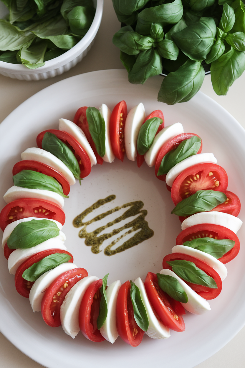 Indoor photo of alternating red tomato slices and mozzarella rounds arranged in a wreath shape, basil leaves tucked between, pesto drizzled lightly. No text or logos.