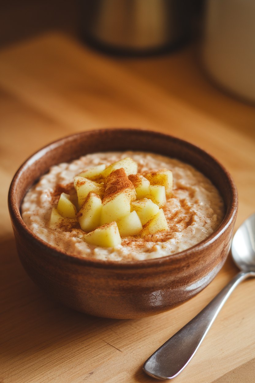 A ceramic bowl indoors with creamy steel-cut oats topped with diced apples and a sprinkle of cinnamon. No text or logos. Photo.