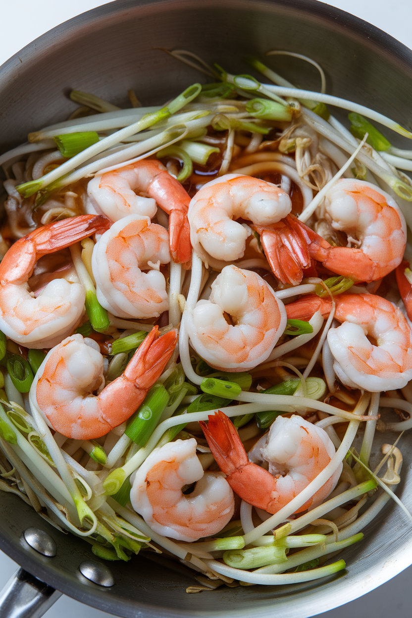 Indoor skillet photo of cooked shrimp tossed with bean sprouts, scallions, and light soy sauce; bright overhead light, no text or logos.