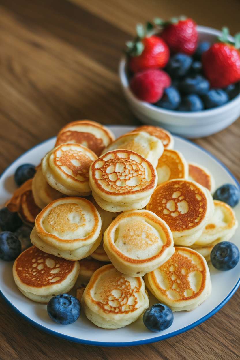 Indoor plate piled with small round pancake bites, golden brown, a bowl of fresh berries on the side. No text or logos present.