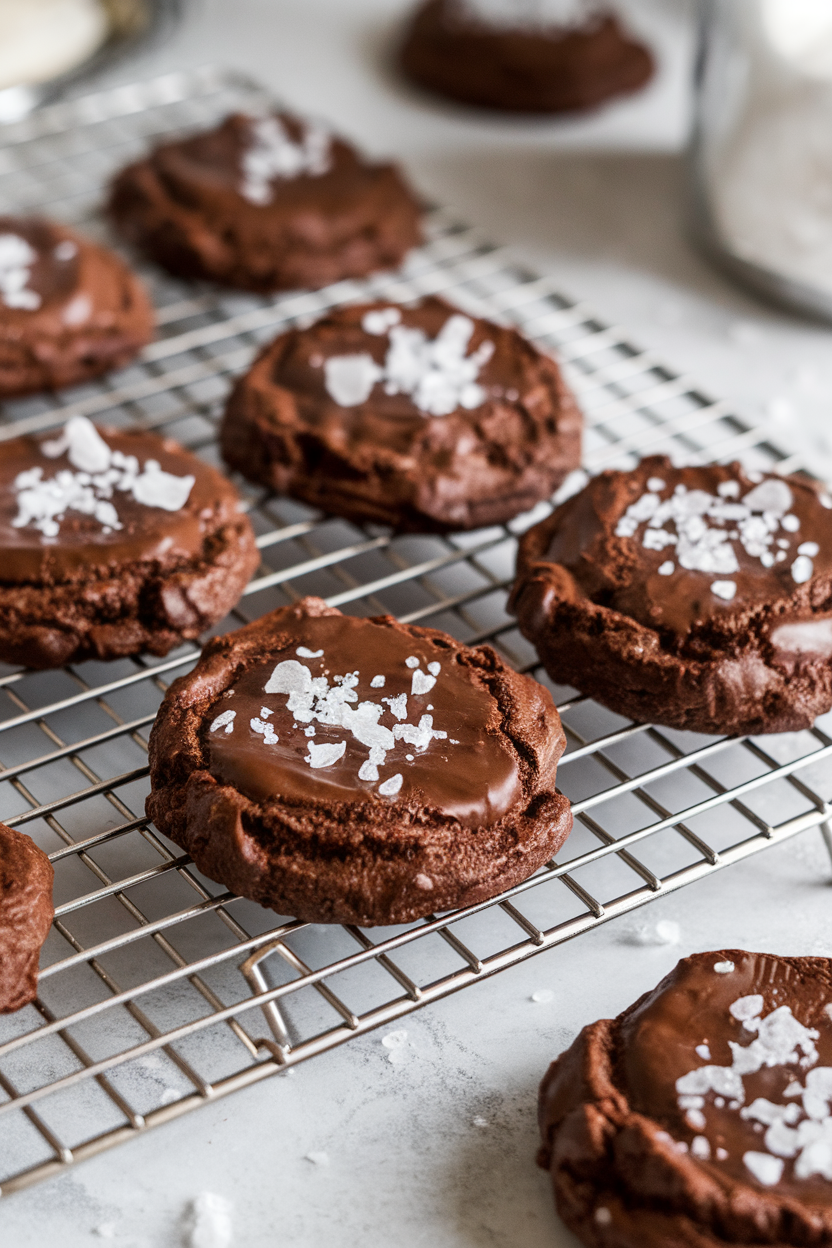 Indoor cooling rack with large chocolate chunk cookies sprinkled with flaky sea salt. Photo, no text or logos.
