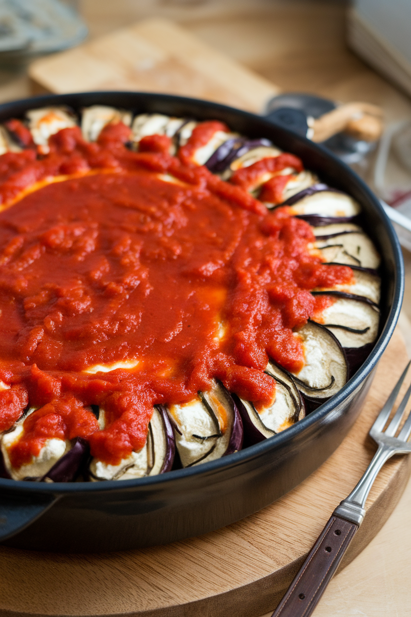 Indoor casserole of rolled eggplant slices filled with ricotta-egg mixture, topped with marinara. No text or logos.