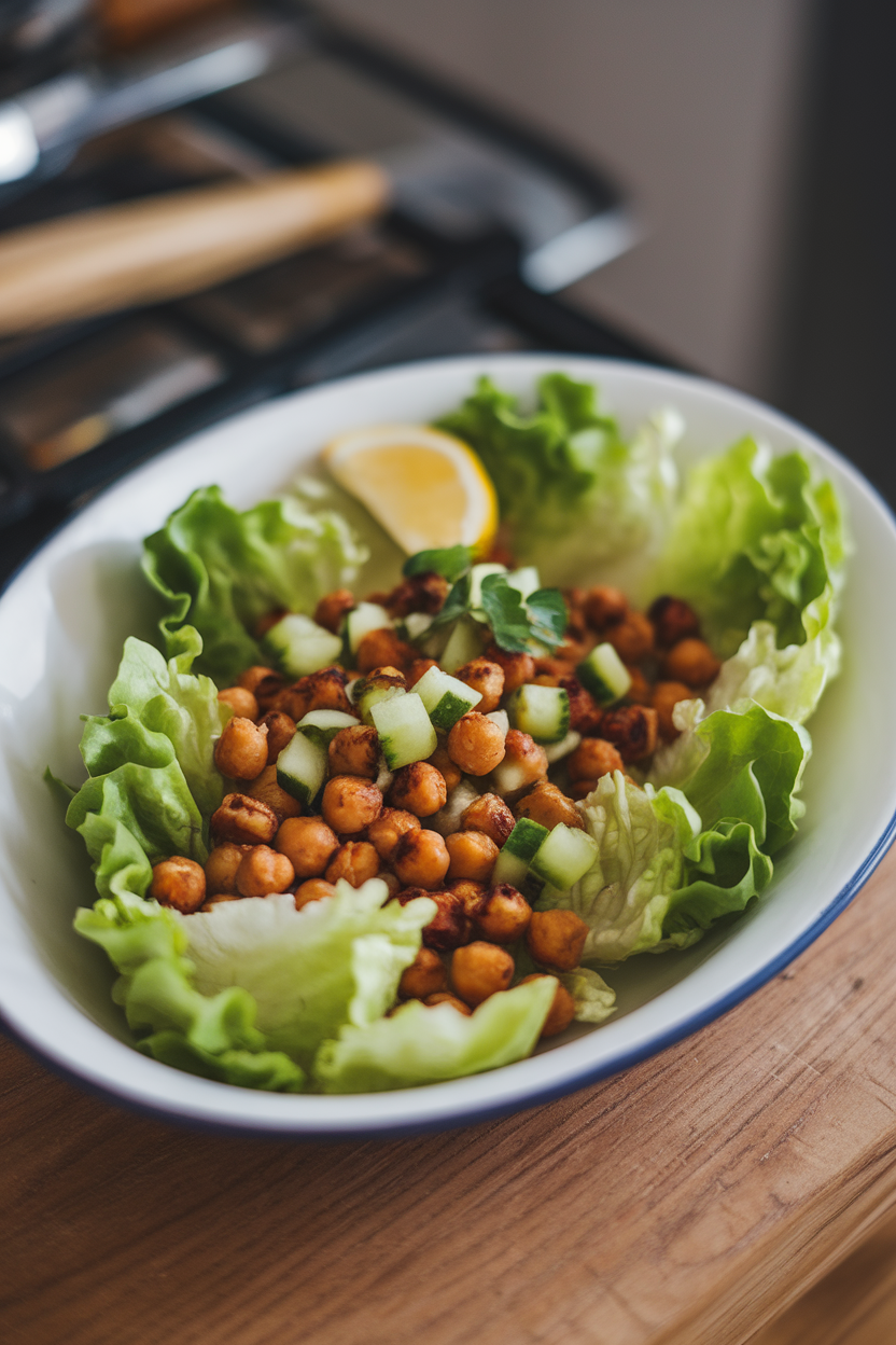 Indoor photo of small butter-lettuce leaves cradling smoky roasted chickpeas, diced cucumber, and a squeeze of lemon, plated on a white oval dish. No logos or text.