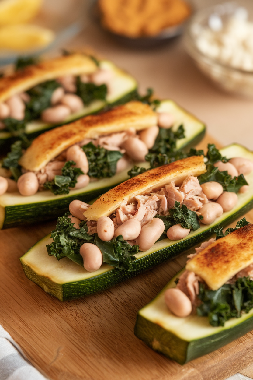 Indoor photo of zucchini boats filled with turkey, chopped kale, and white beans, lightly browned on top, no text or logos.