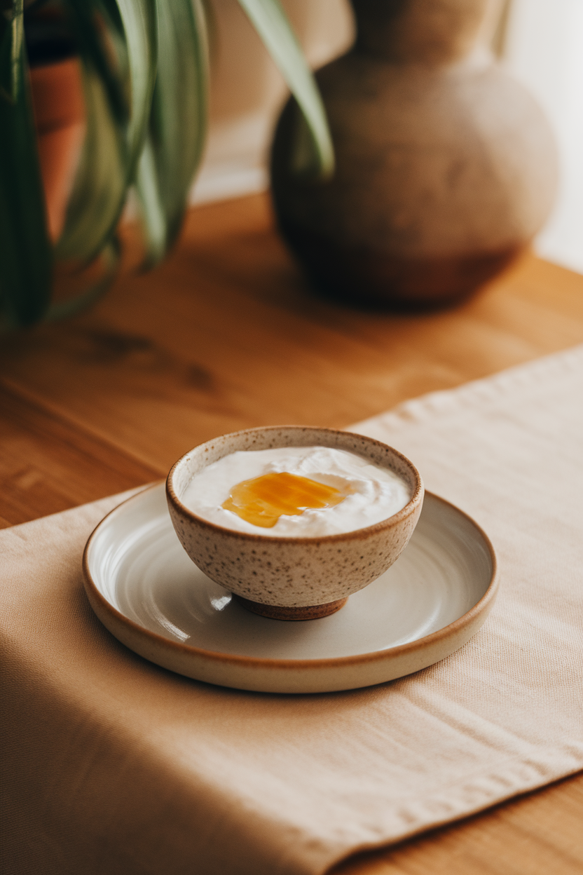 Photo, indoor wooden table showing a small ceramic bowl of skyr topped with a drizzle of honey, soft morning light, no text or logos.