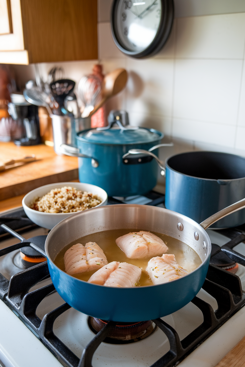 Indoor stovetop saucepan of cod fillets gently poaching in citrus broth, quinoa pilaf plated nearby. No text or logos; photo only.