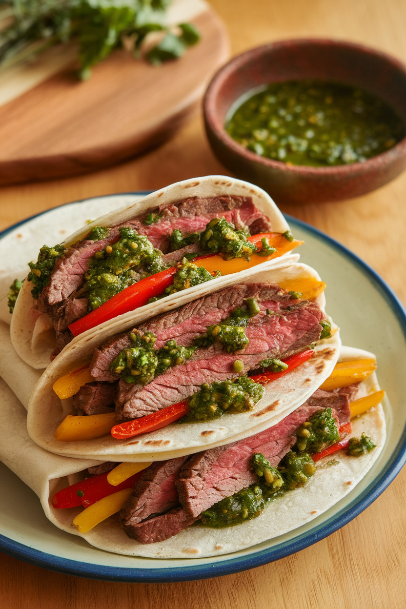 Warm indoor image of tortillas filled with sliced lean beef and colorful peppers, drizzled with green chimichurri, no logos.