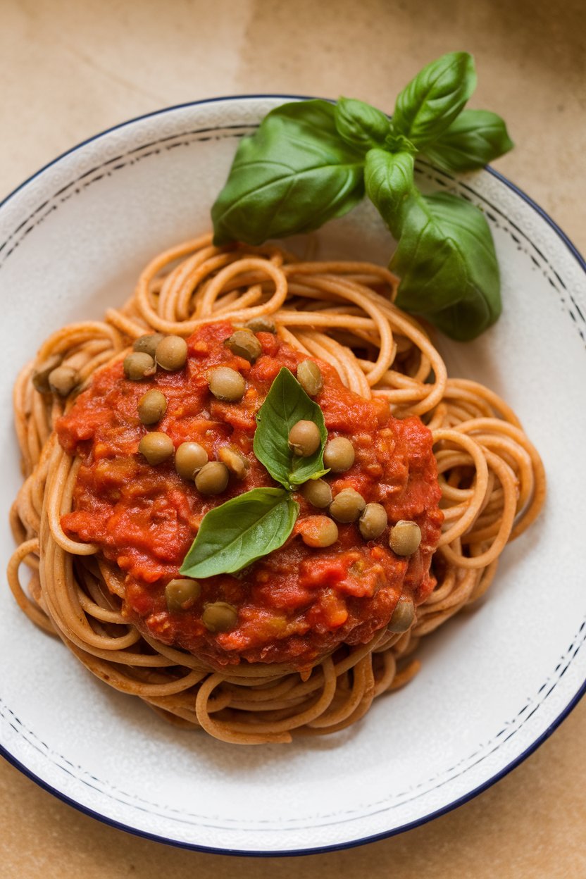 An indoor plate of whole-wheat spaghetti topped with thick lentil tomato sauce and fresh basil leaves. No text or logos; photo only.