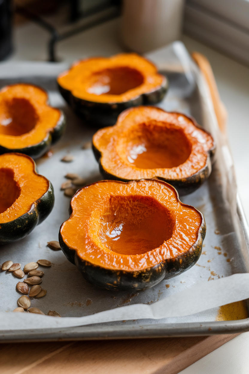 Indoor photo of acorn squash slices caramelized with maple syrup on parchment-lined tray, no text or logos