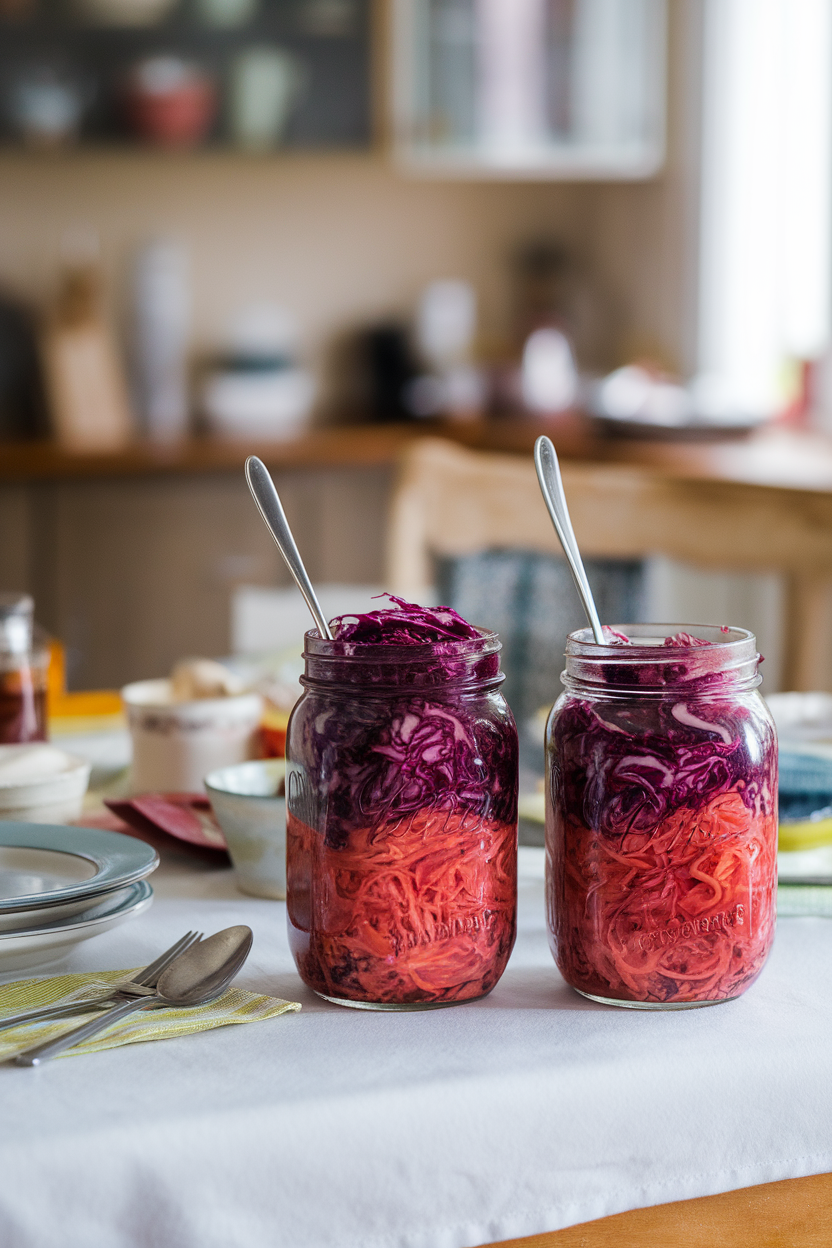Indoor kitchen table showing mason jars layered with purple cabbage slaw and bright sauerkraut strands. No text or logos present.