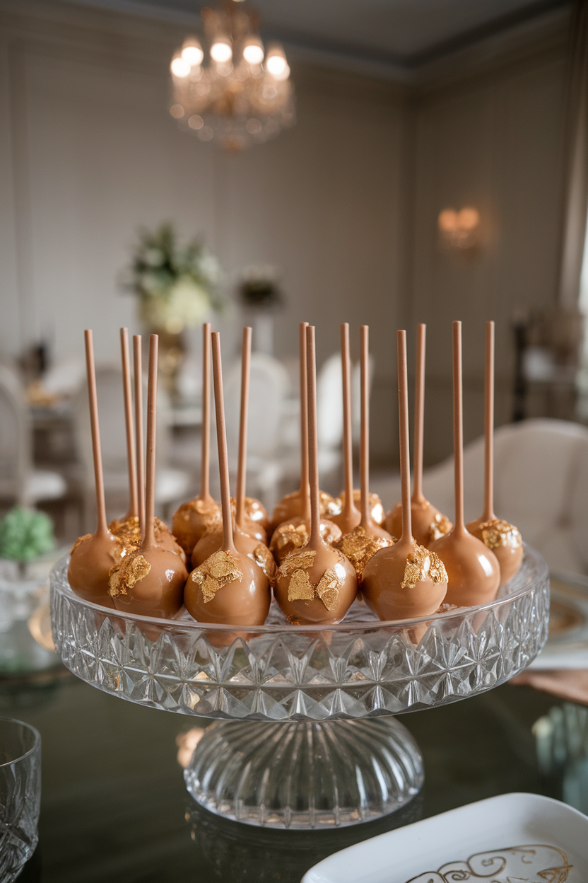 Photo, not illustration. Indoor elegant dining room. Caramel-colored cake pops with a shiny mirror glaze and an edible gold leaf fleck, arranged on a crystal platter. No text or logos.