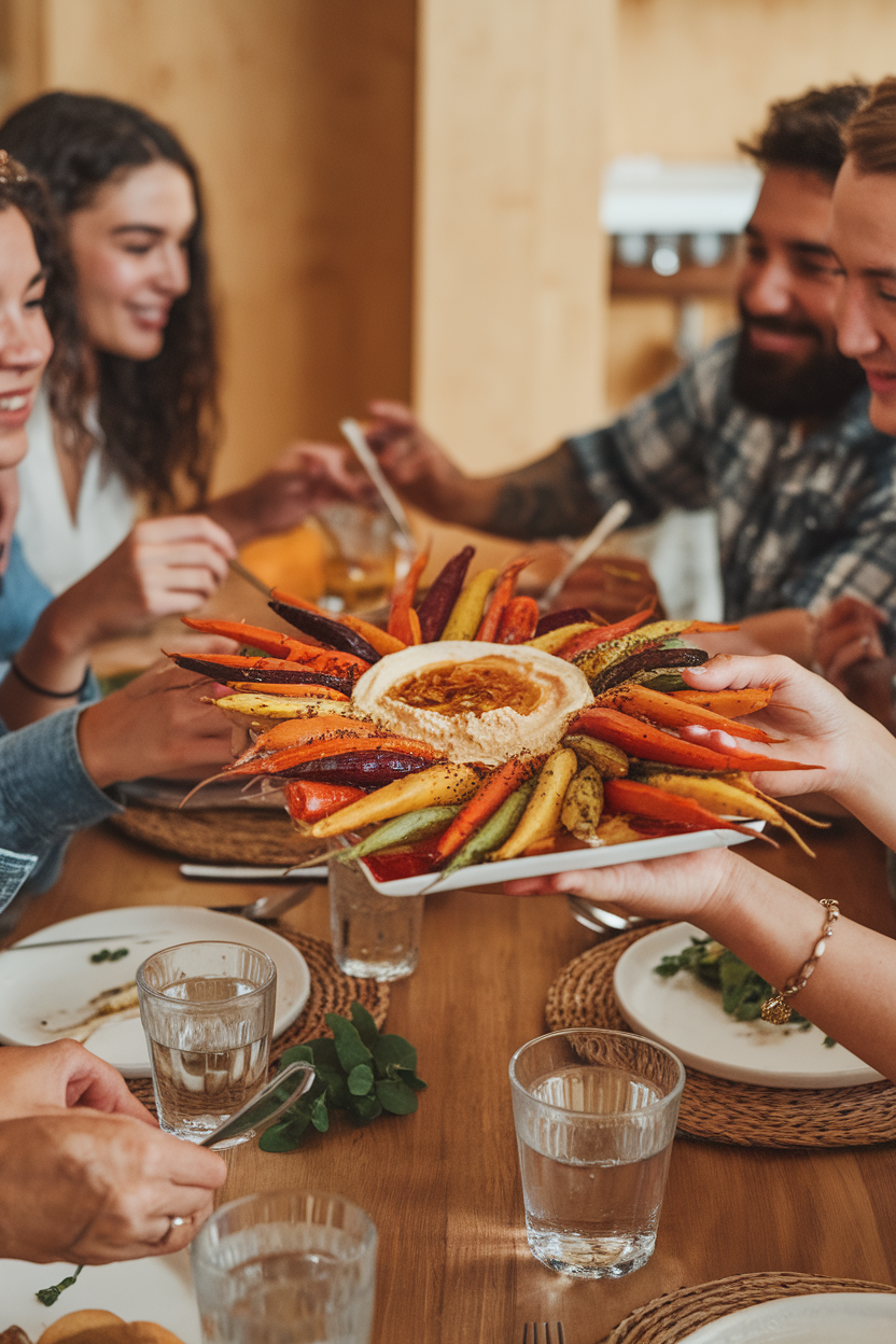 Indoor dinner table with friends sharing a platter of roasted rainbow carrots and hummus, glasses of water, no text or logos. Photo.