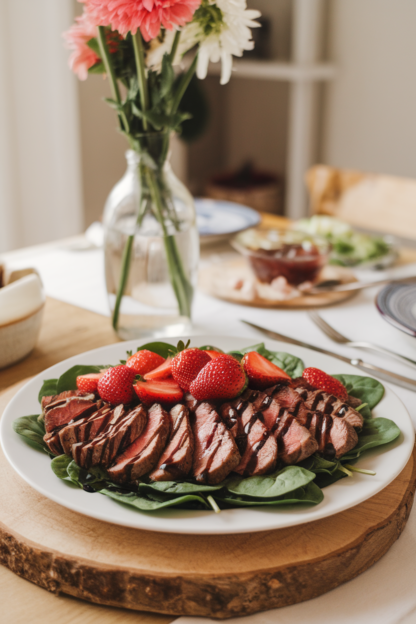 Photo of sliced steak over a bed of spinach with fresh strawberries and balsamic drizzle, indoor lunch table. No text or logos.</Prompt