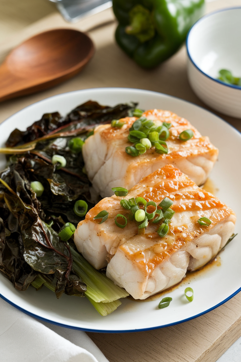 Photo of cod fillets brushed with caramelized miso glaze, accompanied by sautéed Swiss chard, indoor dinner scene. No text or logos.</Prompt