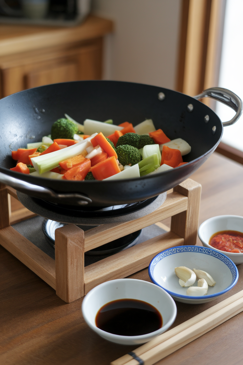 Small bowls of soy sauce, ginger, and garlic ready beside a wok of mixed veggies, indoor photo, no text or logos