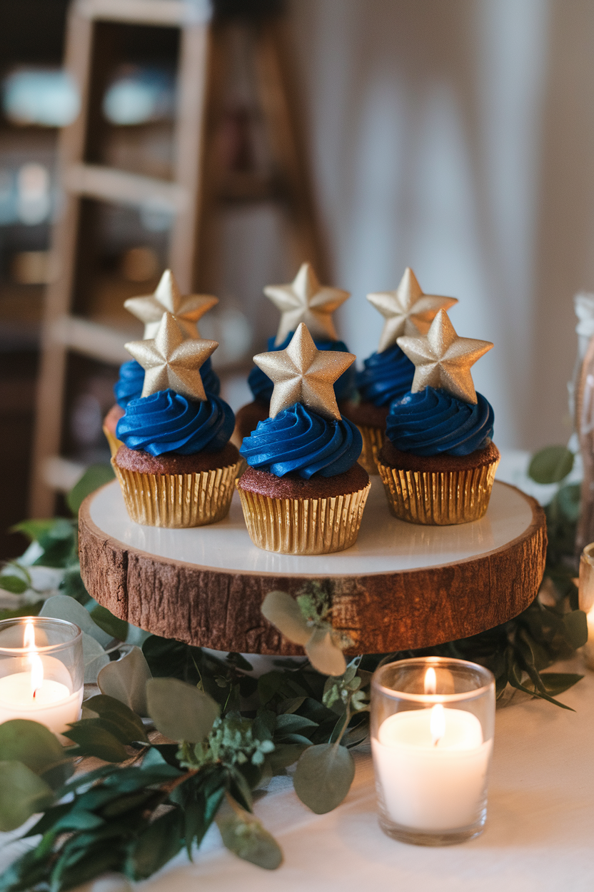 Photo of indoor candle-lit table with cupcakes topped by shimmering gold fondant stars centered on midnight blue buttercream, no text or logos.