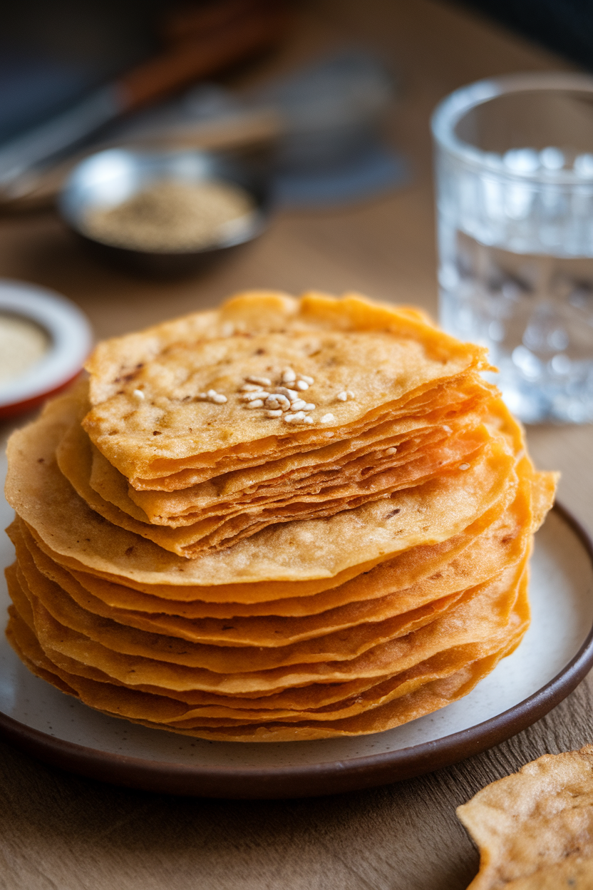 Photo prompt: An indoor plate of thin, crisp millet khakhras stacked neatly, broken piece showing flaky layers. No text or logos.