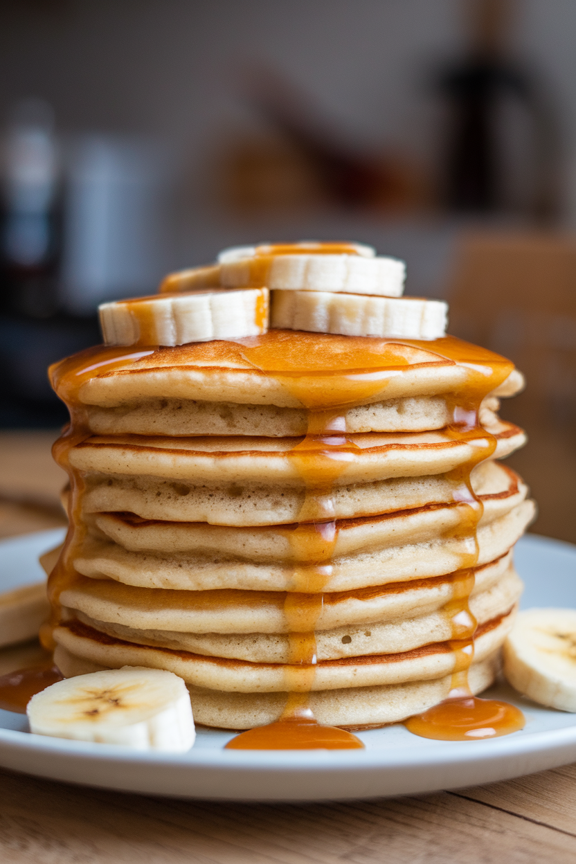 Indoor photo of pancakes layered with sliced bananas and a glossy salted caramel sauce drizzle; no text or logos.