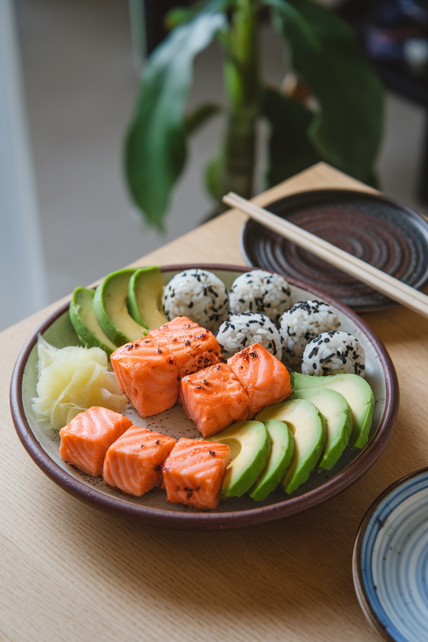 Indoor photo of a ceramic platter with cooked teriyaki salmon cubes, avocado slices, sesame rice balls, and pickled ginger; no logos or text.