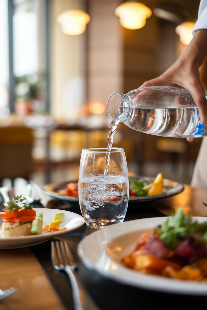 A water glass being refilled at a dining table between appetizer and main course plates, indoor restaurant lighting, no logos.
