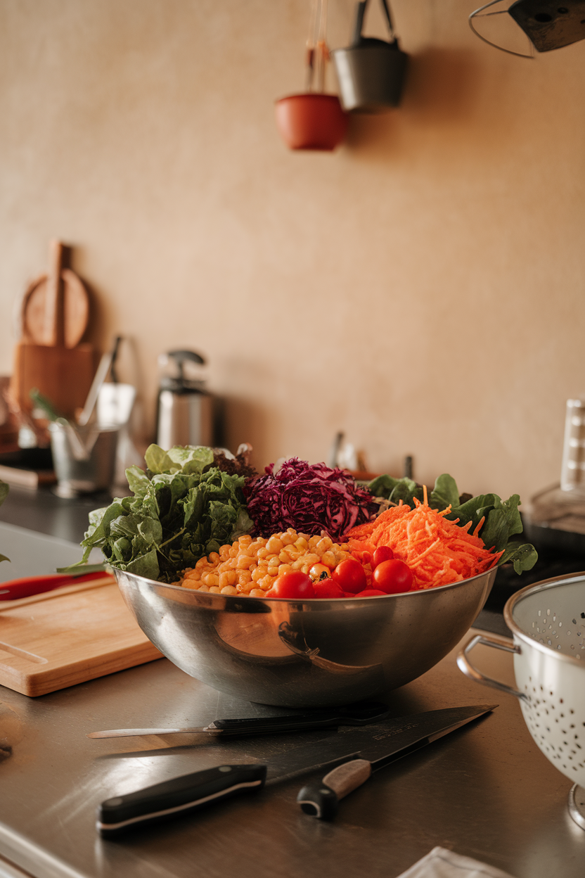 An indoor kitchen island with a wide salad bowl bursting with leafy greens, shredded purple cabbage, grated carrots, cherry tomatoes, and corn kernels, no logos.