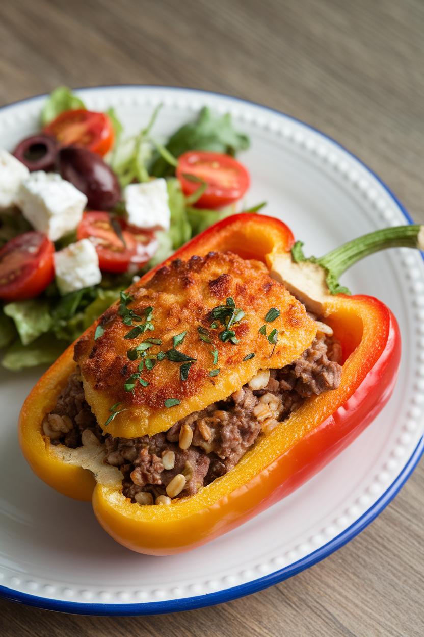 Indoor photo of halved bell pepper stuffed with beef, farro, and herbs, plus a small Greek salad on a plate. No text or logos.