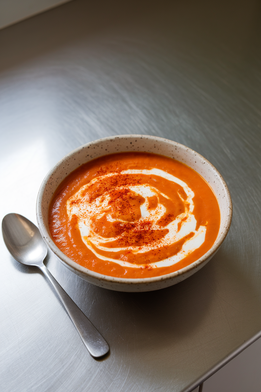 An indoor countertop featuring a bowl of orange carrot-lentil soup swirled with yogurt and sprinkled with paprika, spoon alongside. No text or logos. Photo.