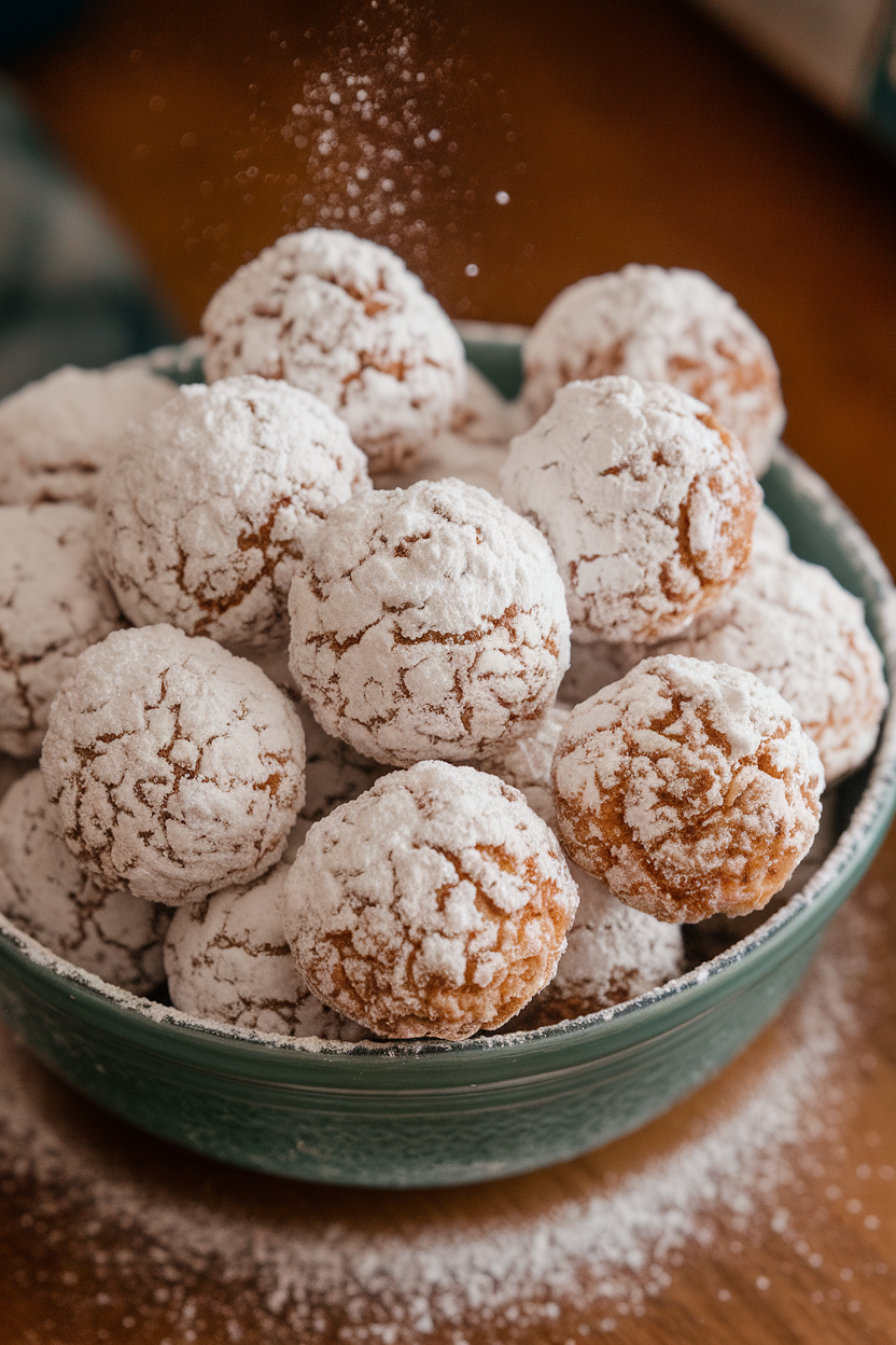 A bowl indoors overflowing with round pecan snowball cookies coated in powdered sugar, light dusting visible around the bowl. Photo, no text or logos.