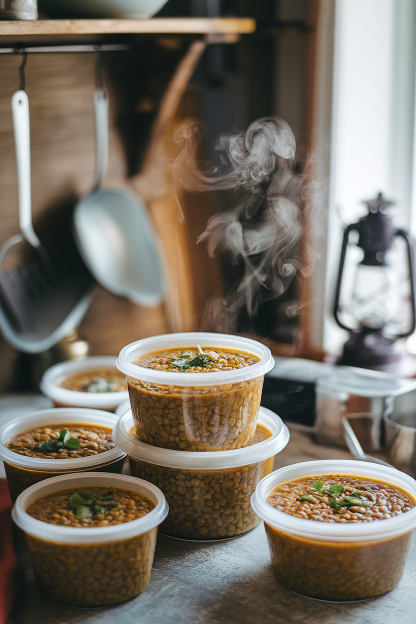 A rustic indoor kitchen scene with individual freezer-safe containers of thick lentil soup, steam visible above one open container. No logos or text. Photo, not illustration.