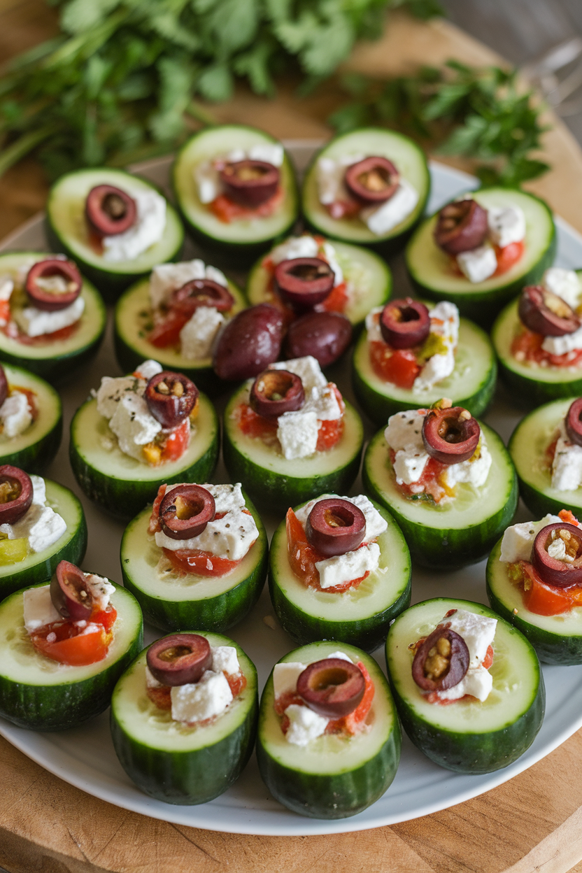 Indoor platter of halved cucumbers hollowed and stuffed with feta, tomato, and olive mixture. No text or logos. Photo, not illustration.