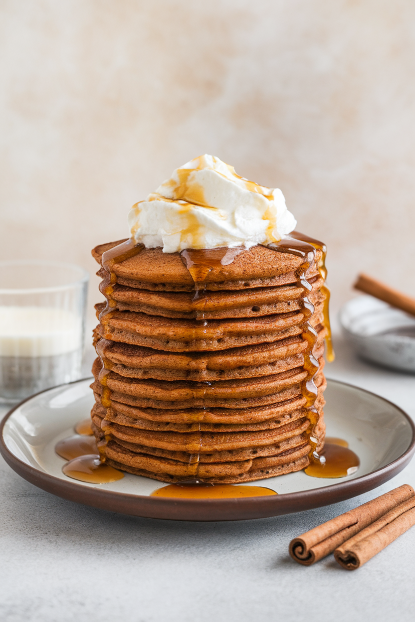 An indoor plate with a tall stack of gingerbread pancakes topped with whipped cream and molasses drizzle, cinnamon sticks beside, no text or logos.