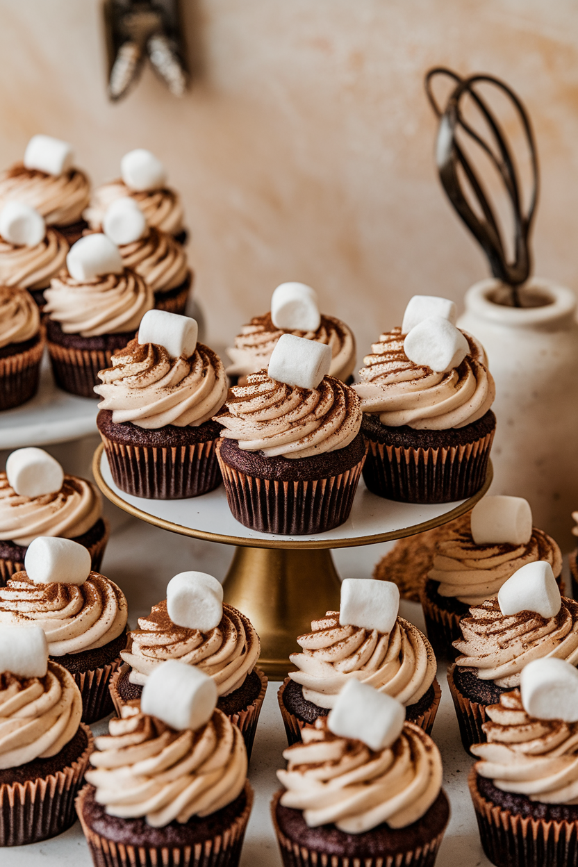 Indoor table with hot cocoa-inspired chocolate cupcakes topped with marshmallow frosting and mini marshmallows; no logos. Photo, not illustration.