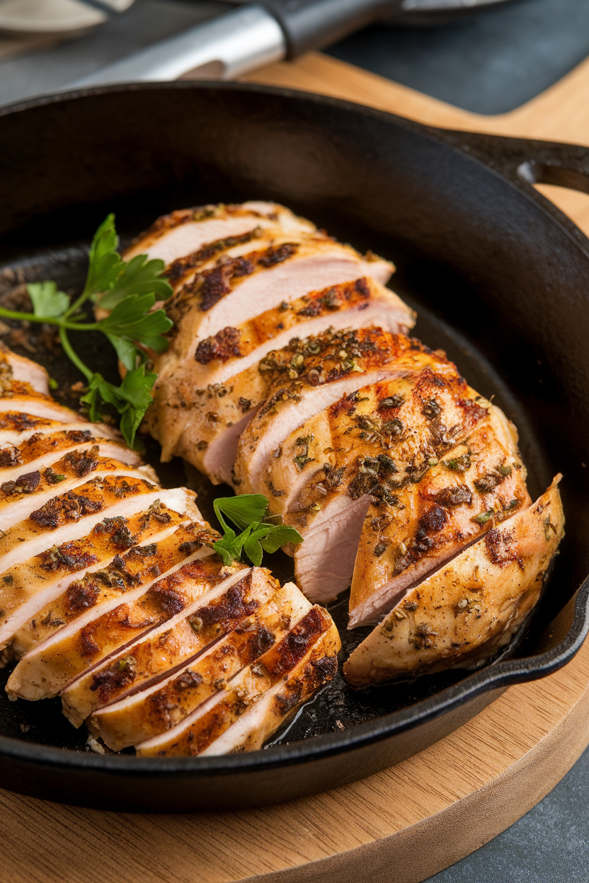 Indoor cast-iron skillet holding sliced, cooked chicken breast with grill marks, garnished with parsley; no text or logos. Photo.