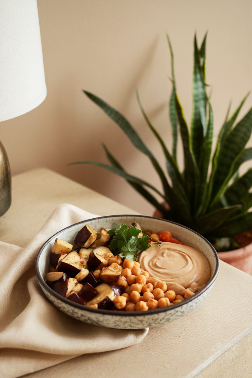 Photo of an indoor table featuring roasted eggplant cubes, chickpeas, parsley, and a swirl of tahini sauce in a shallow bowl. No logos or text.