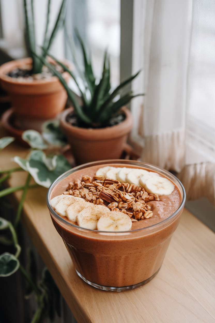 An indoor breakfast nook showing a wide bowl of gingerbread-spiced smoothie topped with granola, banana slices, and a sprinkle of cinnamon. No text or logos. Photo, not illustration.