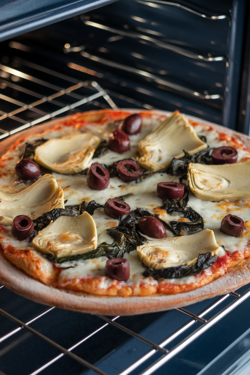 An indoor oven rack showing a whole-wheat crust pizza topped with artichoke hearts, spinach, and olives, cheese lightly melted. No text or logos.
