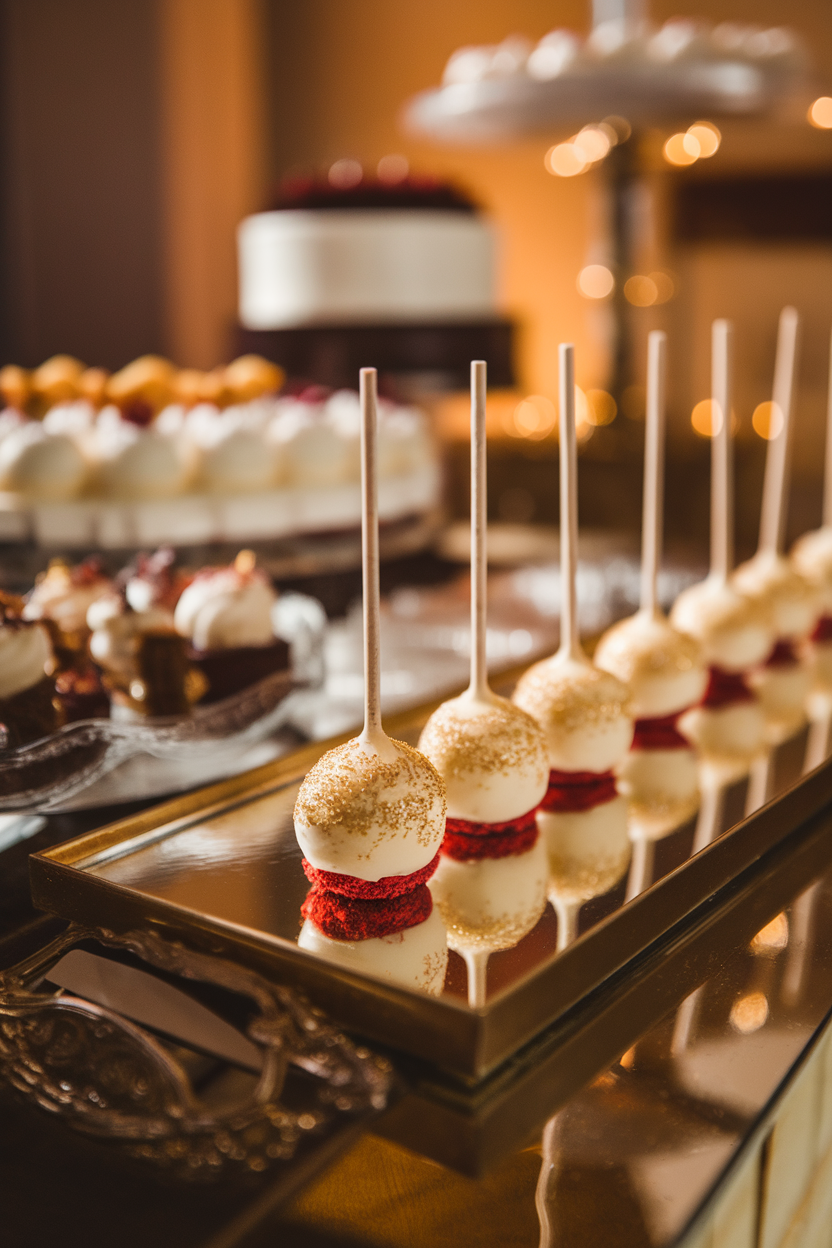 Photo, not illustration. Indoor dessert buffet lighting. Red velvet cake pops with cream-cheese coating lightly brushed with edible gold dust, aligned on a mirrored tray. No text or logos present.