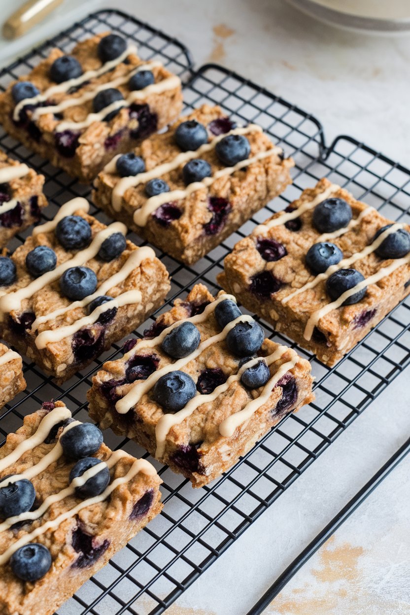 Indoor cooling rack showcasing rectangular oatmeal bars studded with blueberries and almond butter drizzle. No text or logos. Photo.