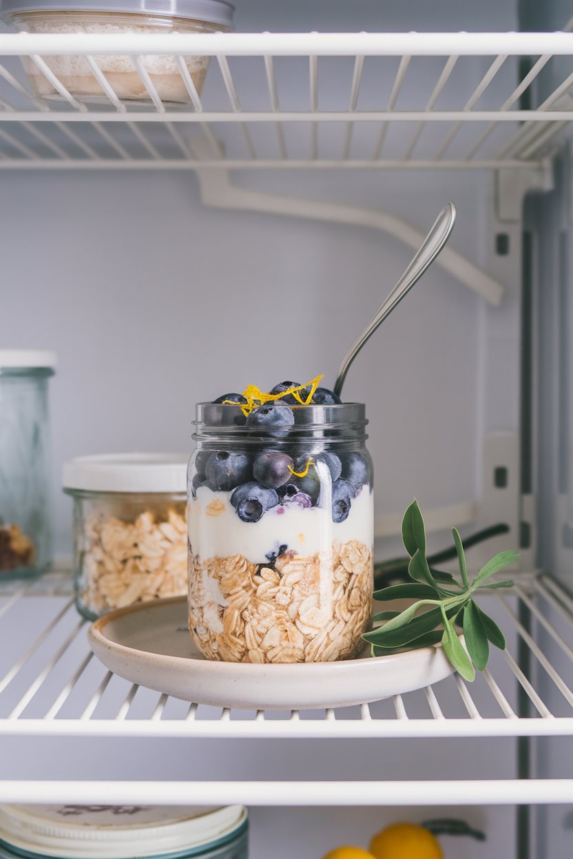 Indoor fridge shelf containing a jar layered with oat mixture, blueberries, and lemon zest. No text or logos. Photo.